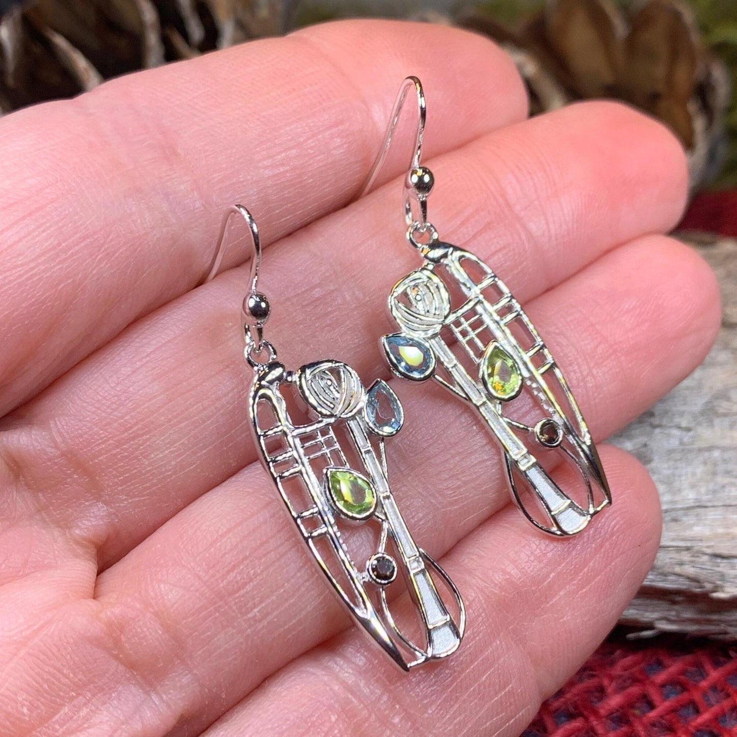 Mackintosh Earrings, Scotland Jewelry, Scottish Jewelry, Art Deco Jewelry, Anniversary Gift, Flower Earrings, Nature Jewelry, Peridot Gift