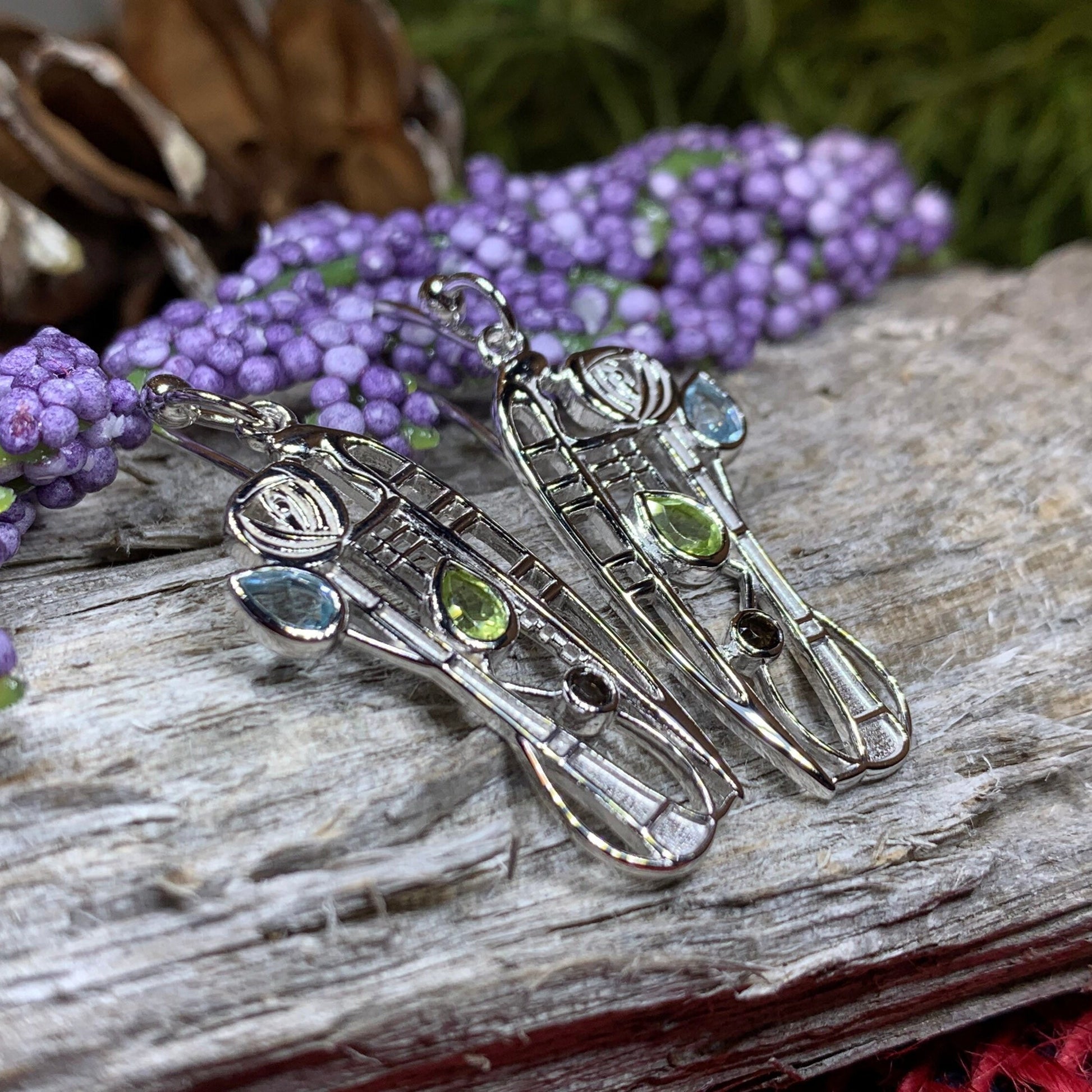 Mackintosh Earrings, Scotland Jewelry, Scottish Jewelry, Art Deco Jewelry, Anniversary Gift, Flower Earrings, Nature Jewelry, Peridot Gift