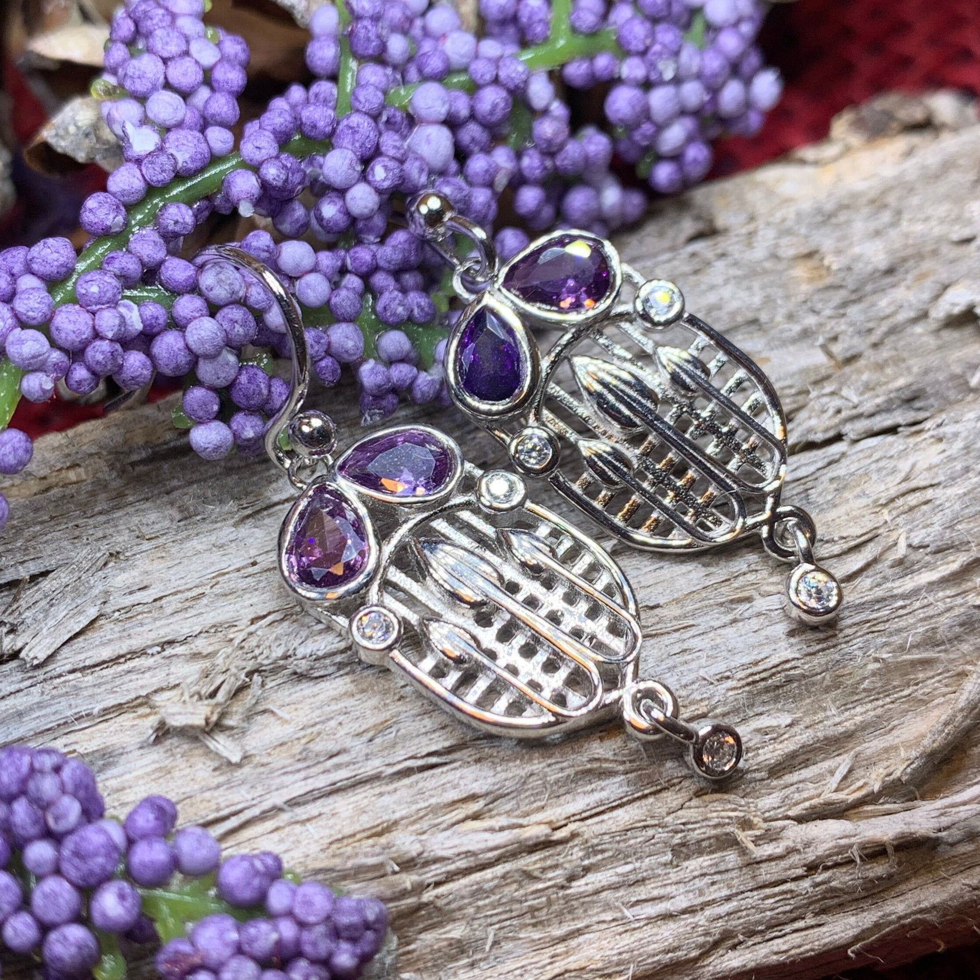 Mackintosh Earrings, Scotland Jewelry, Scottish Jewelry, Art Deco Jewelry, Anniversary Gift, Flower Earrings, Nature Jewelry, Amethyst Gift