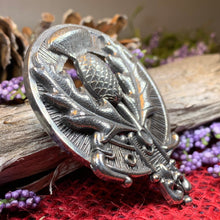 Load image into Gallery viewer, Thistle Brooch, Celtic Jewelry, Scottish Pin, Scotland Brooch, Celtic Brooch, Anniversary Gift, Cap Badge Pin, Bagpiper Gift, Plaid Pin
