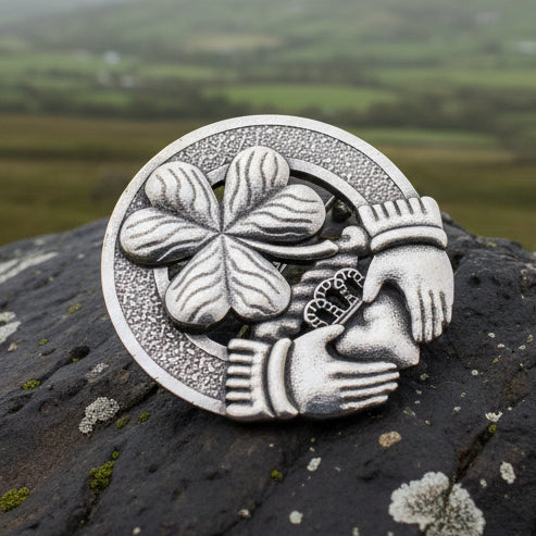 Claddagh Brooch, Celtic Jewelry, Irish Pin, Shamrock Brooch, Ireland Brooch, Anniversary Gift, Cap Badge Pin, Bagpiper Gift, Plaid Pin