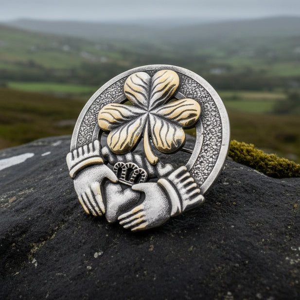 Claddagh Brooch, Celtic Jewelry, Irish Pin, Shamrock Brooch, Ireland Brooch, Anniversary Gift, Cap Badge Pin, Bagpiper Gift, Plaid Pin