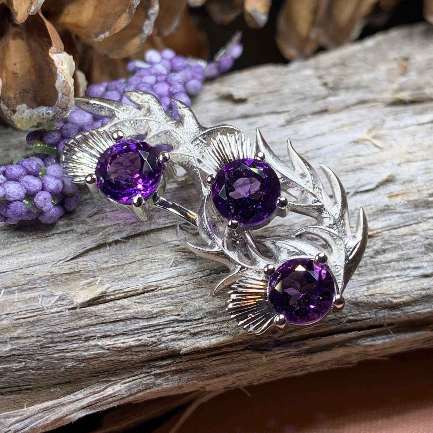 Thistle Brooch, Scotland Jewelry, Outlander Jewelry, Bridal Brooch, Thistle Jewelry, Scottish Jewelry, Celtic Brooch, Amethyst Silver Pin