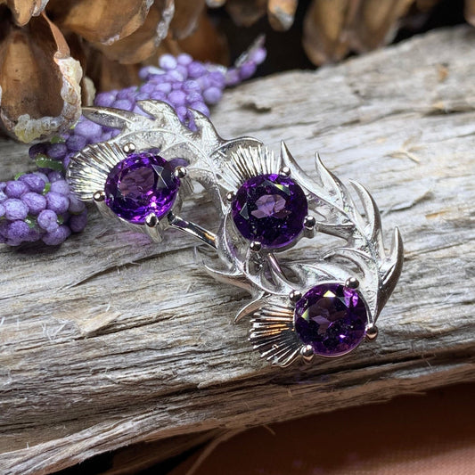 Thistle Brooch, Scotland Jewelry, Outlander Jewelry, Bridal Brooch, Thistle Jewelry, Scottish Jewelry, Celtic Brooch, Amethyst Silver Pin