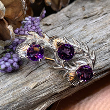 Load image into Gallery viewer, Thistle Brooch, Scotland Jewelry, Outlander Jewelry, Bridal Brooch, Thistle Jewelry, Scottish Jewelry, Celtic Brooch, Amethyst Silver Pin
