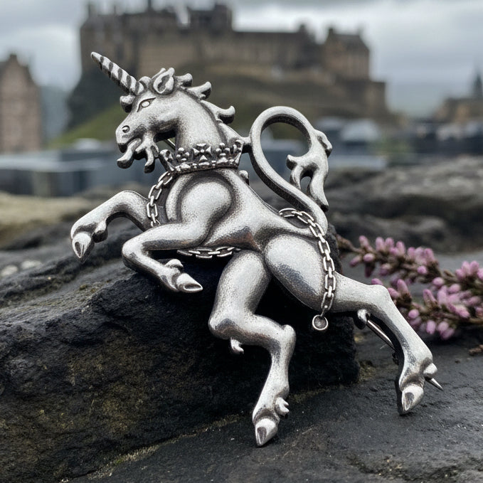Giles Unicorn of Scotland Tartan Pin in pewter