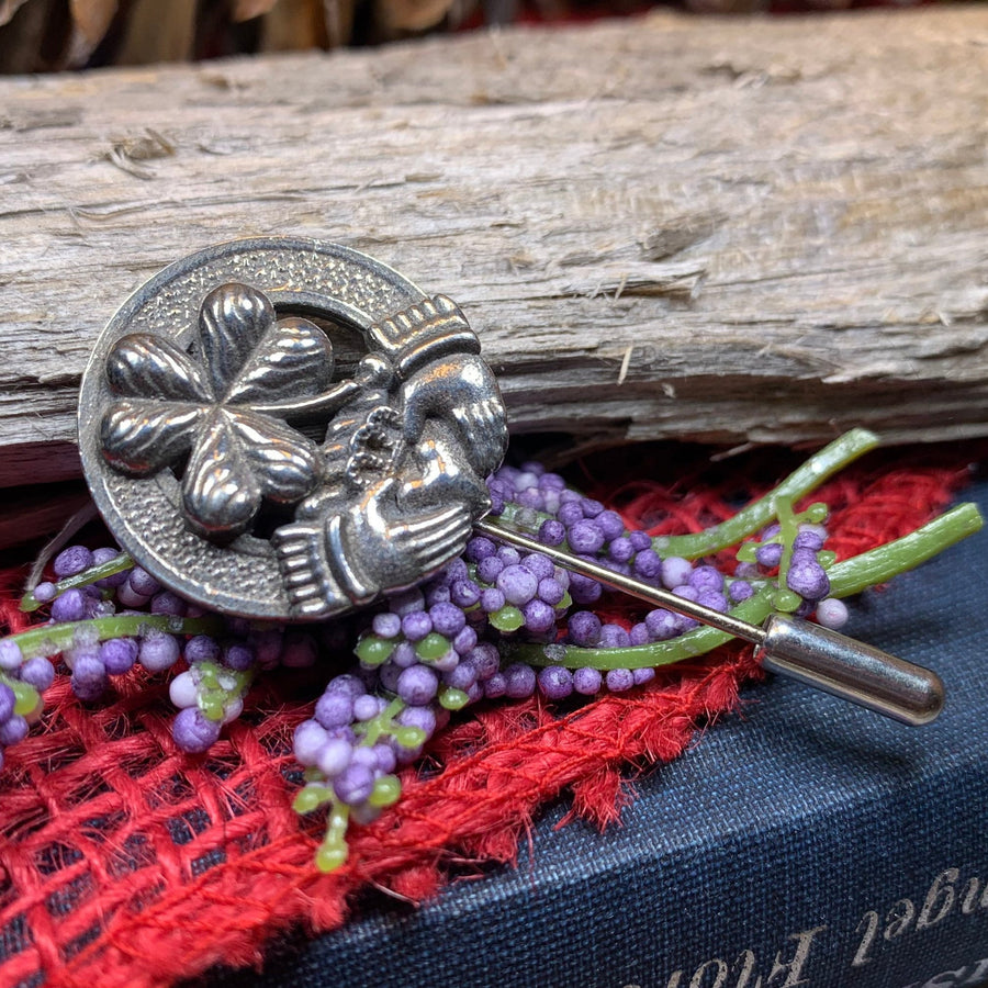 Claddagh Stick Pin, Irish Jewelry, Celtic Lapel Pin, Shamrock Pin, Clover Jewelry, Groom Gift, Ireland Gift, Wedding Jewelry, Tie Tac Pin