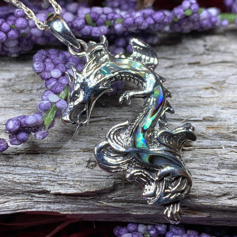Dragon Necklace, Celtic Jewelry, Abalone Jewelry, Celtic Knot Necklace, Wiccan Jewelry, Celtic Dragon Pendant, Pagan Jewelry, Gothic Jewerly