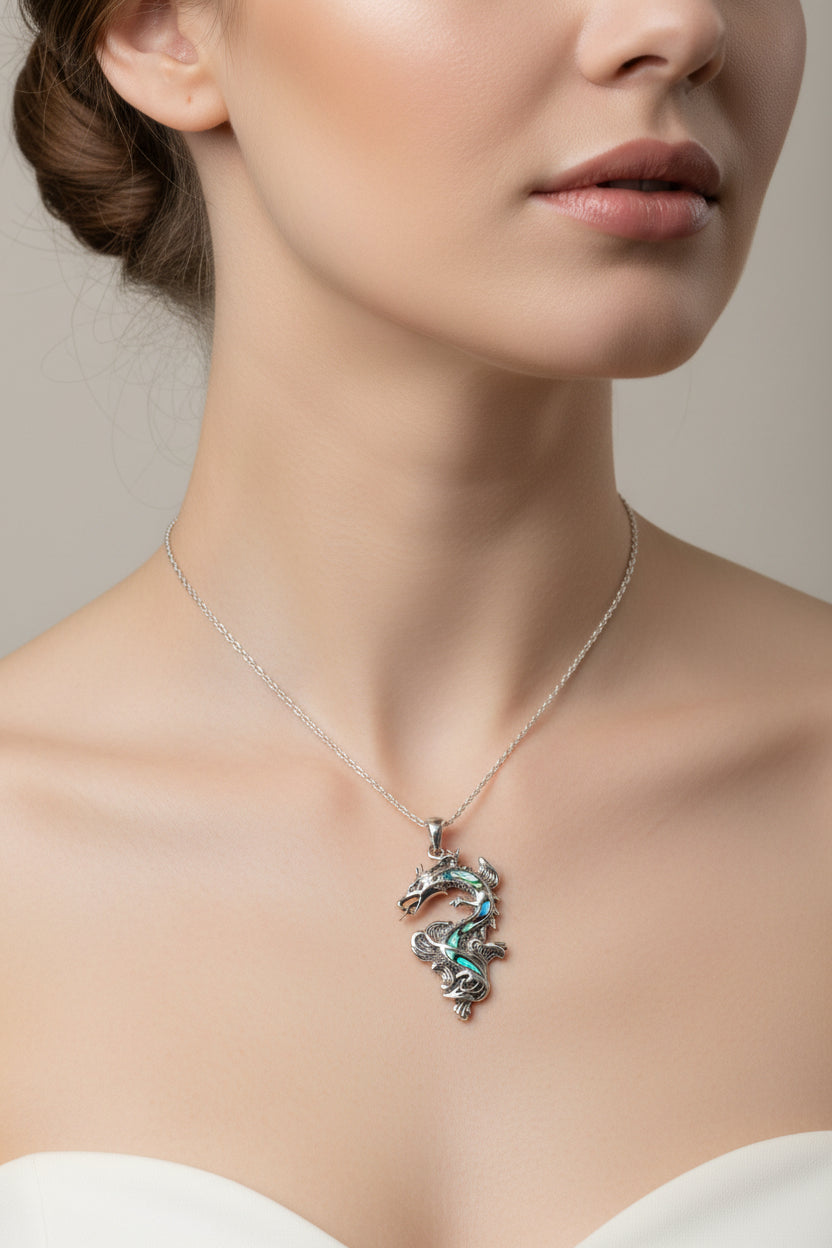 Dragon Necklace, Celtic Jewelry, Abalone Jewelry, Celtic Knot Necklace, Wiccan Jewelry, Celtic Dragon Pendant, Pagan Jewelry, Gothic Jewerly
