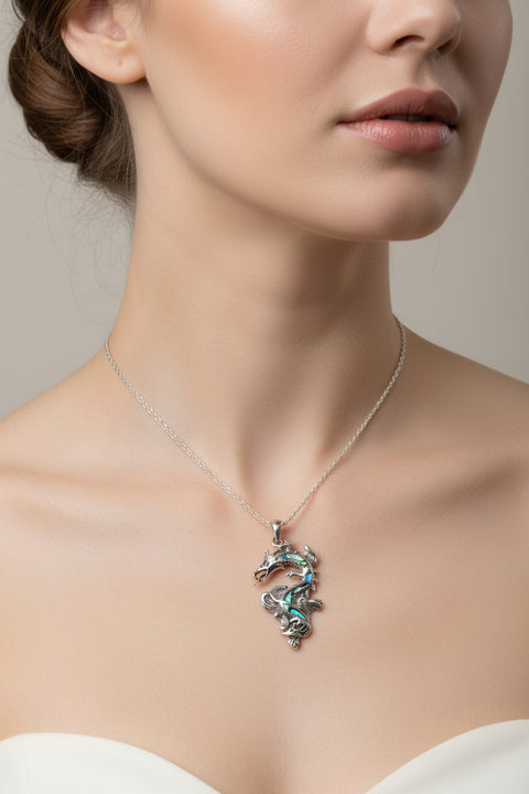 Load image into Gallery viewer, Dragon Necklace, Celtic Jewelry, Abalone Jewelry, Celtic Knot Necklace, Wiccan Jewelry, Celtic Dragon Pendant, Pagan Jewelry, Gothic Jewerly
