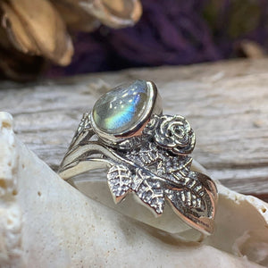 Wild Irish Rose Ring, Silver Boho Ring, Irish Ring, Garnet Jewelry, Celtic Jewelry, Anniversary Gift, Wiccan Jewelry, Wife Gift, Flower Ring