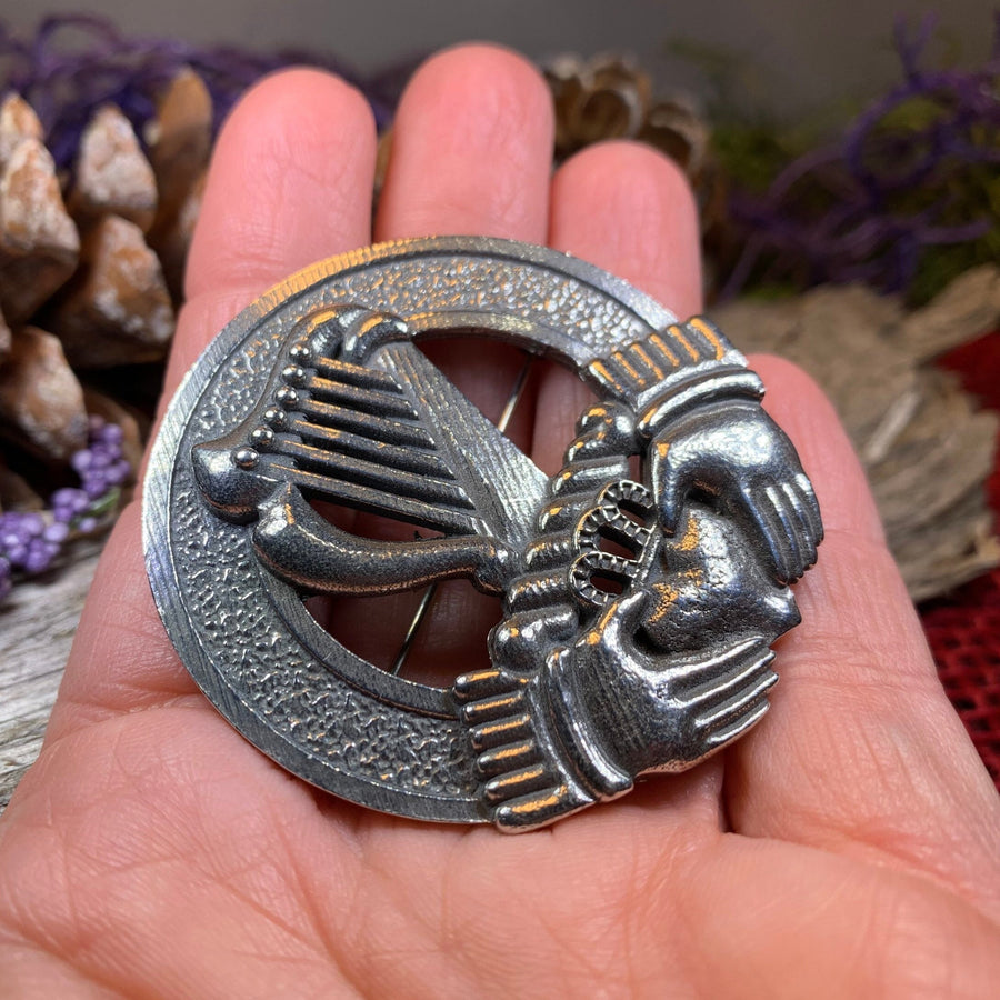 Claddagh Brooch, Celtic Jewelry, Irish Pin, Harp Brooch, Ireland Brooch, Anniversary Gift, Cap Badge Pin, Bagpiper Gift, Plaid Pin