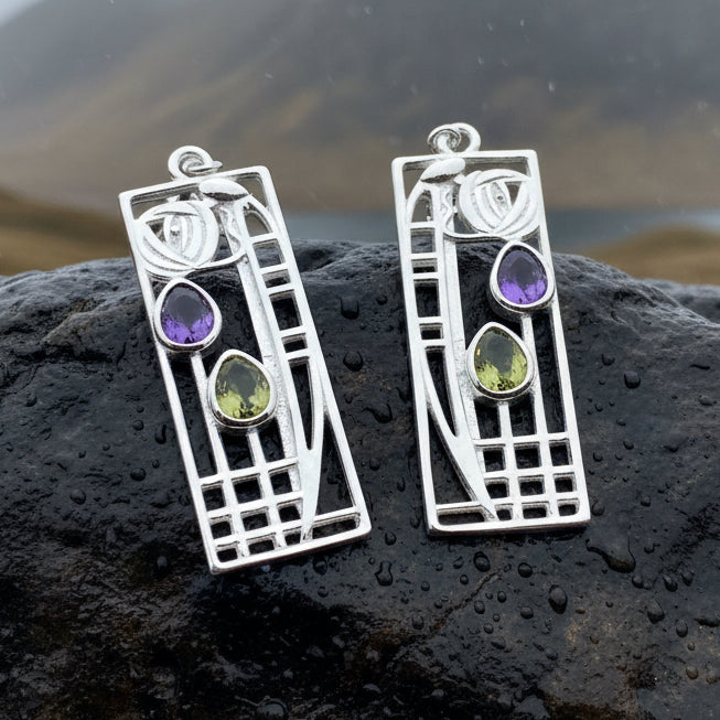 Mackintosh Earrings, Scotland Jewelry, Scottish Jewelry, Art Deco Jewelry, Anniversary Gift, Flower Earrings, Nature Jewelry, Peridot Gift