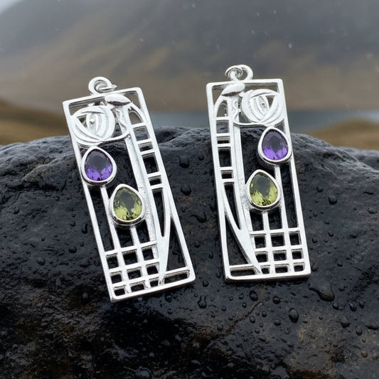 Mackintosh Earrings, Scotland Jewelry, Scottish Jewelry, Art Deco Jewelry, Anniversary Gift, Flower Earrings, Nature Jewelry, Peridot Gift