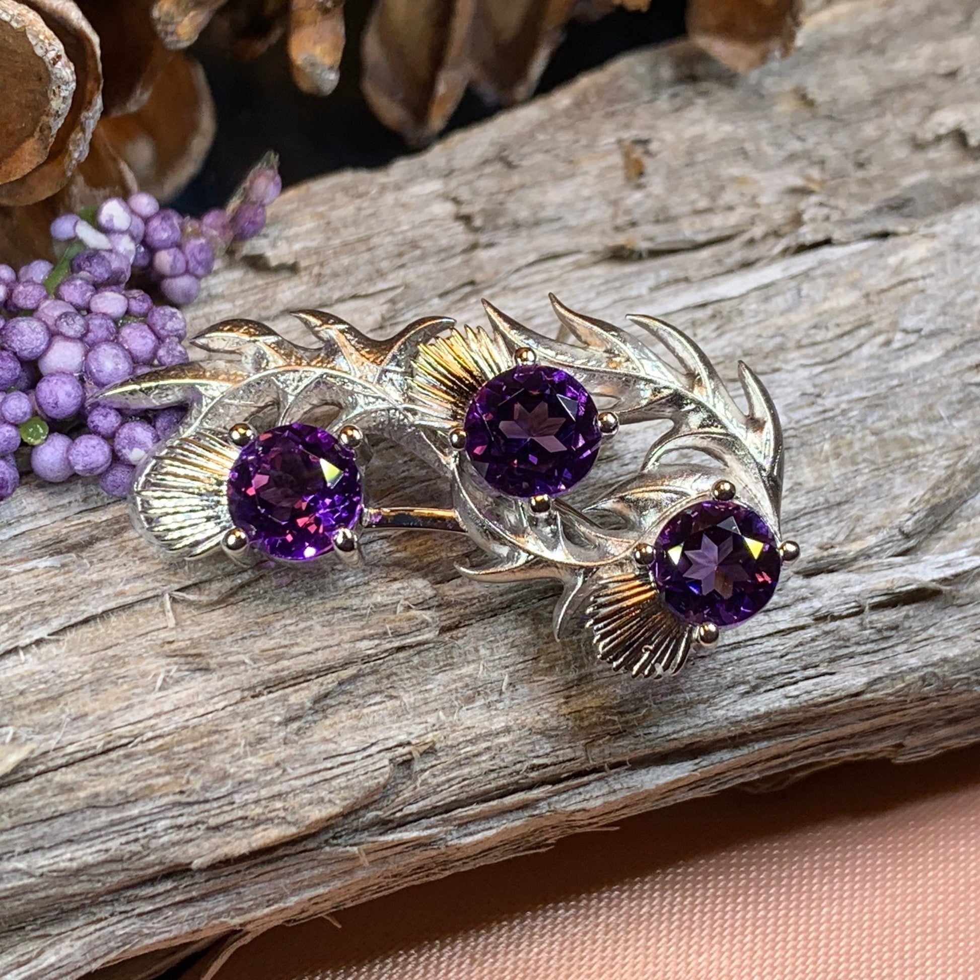 Thistle Brooch, Scotland Jewelry, Outlander Jewelry, Bridal Brooch, Thistle Jewelry, Scottish Jewelry, Celtic Brooch, Amethyst Silver Pin