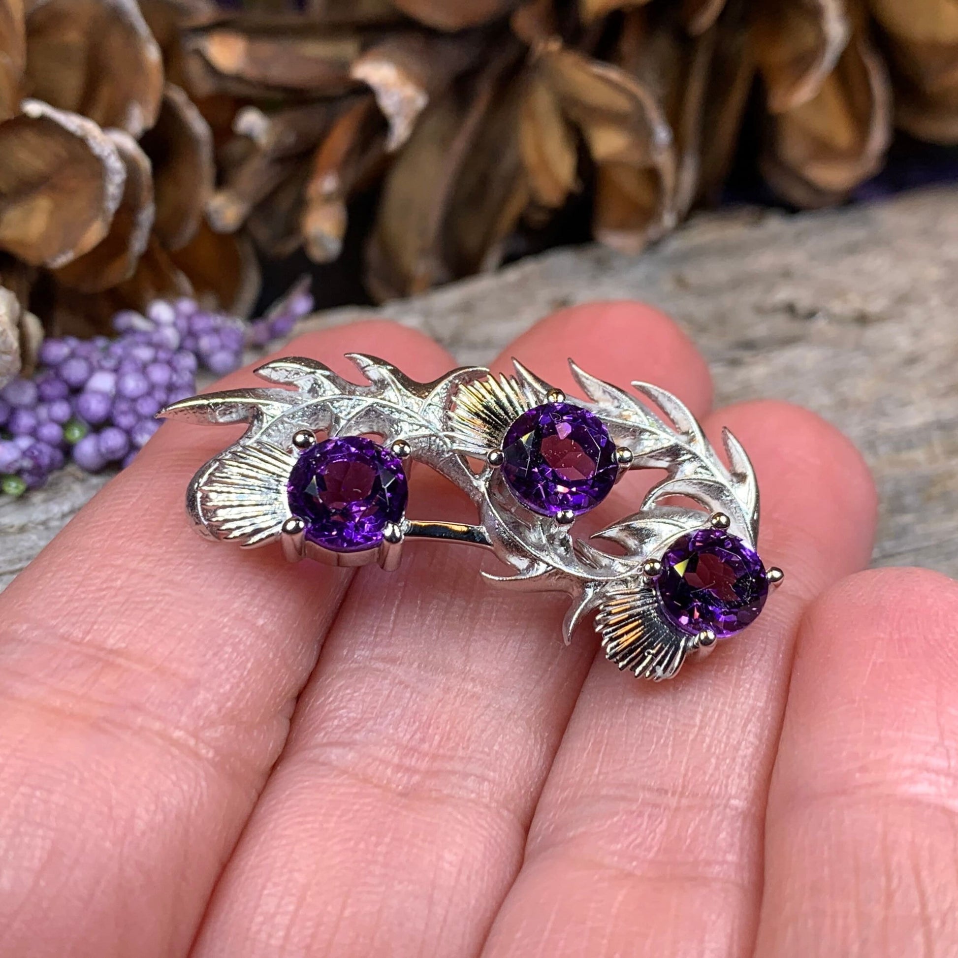 Thistle Brooch, Scotland Jewelry, Outlander Jewelry, Bridal Brooch, Thistle Jewelry, Scottish Jewelry, Celtic Brooch, Amethyst Silver Pin