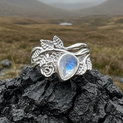 Wild Irish Rose Ring, Silver Boho Ring, Irish Ring, Garnet Jewelry, Celtic Jewelry, Anniversary Gift, Wiccan Jewelry, Wife Gift, Flower Ring