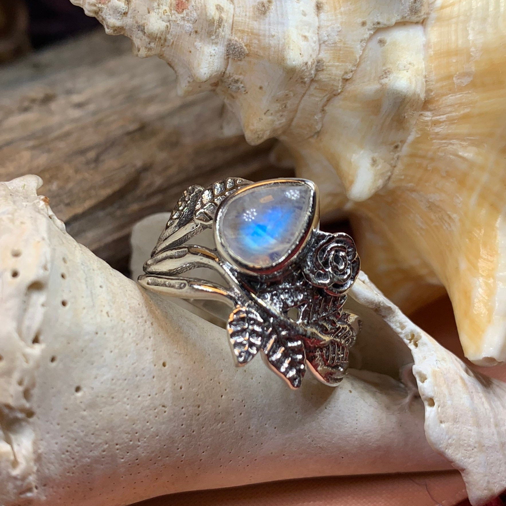 Wild Irish Rose Ring, Silver Boho Ring, Irish Ring, Garnet Jewelry, Celtic Jewelry, Anniversary Gift, Wiccan Jewelry, Wife Gift, Flower Ring