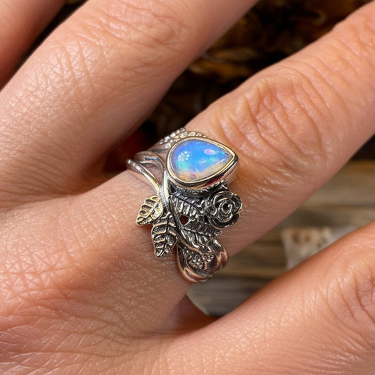 Wild Irish Rose Ring, Silver Boho Ring, Irish Ring, Garnet Jewelry, Celtic Jewelry, Anniversary Gift, Wiccan Jewelry, Wife Gift, Flower Ring