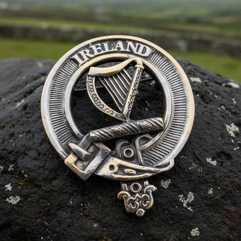 Load image into Gallery viewer, Irish Harp Brooch, Celtic Jewelry, Irish Pin, Harp Brooch, Ireland Brooch, Anniversary Gift, Cap Badge Pin, Bagpiper Gift, Plaid Pin
