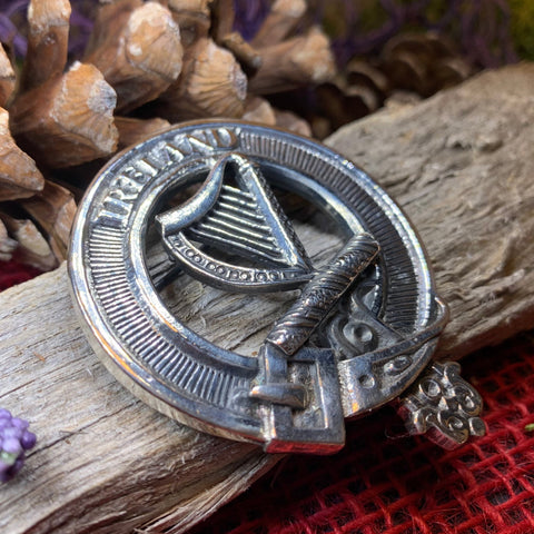 Load image into Gallery viewer, Irish Harp Brooch, Celtic Jewelry, Irish Pin, Harp Brooch, Ireland Brooch, Anniversary Gift, Cap Badge Pin, Bagpiper Gift, Plaid Pin
