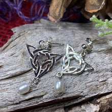 Load image into Gallery viewer, Celtic Knot Earrings, Celtic Jewelry, Irish Jewelry, Anniversary Gift, Scotland Jewelry, Wife Gift, Pearl Drop Earrings, Ireland Gift
