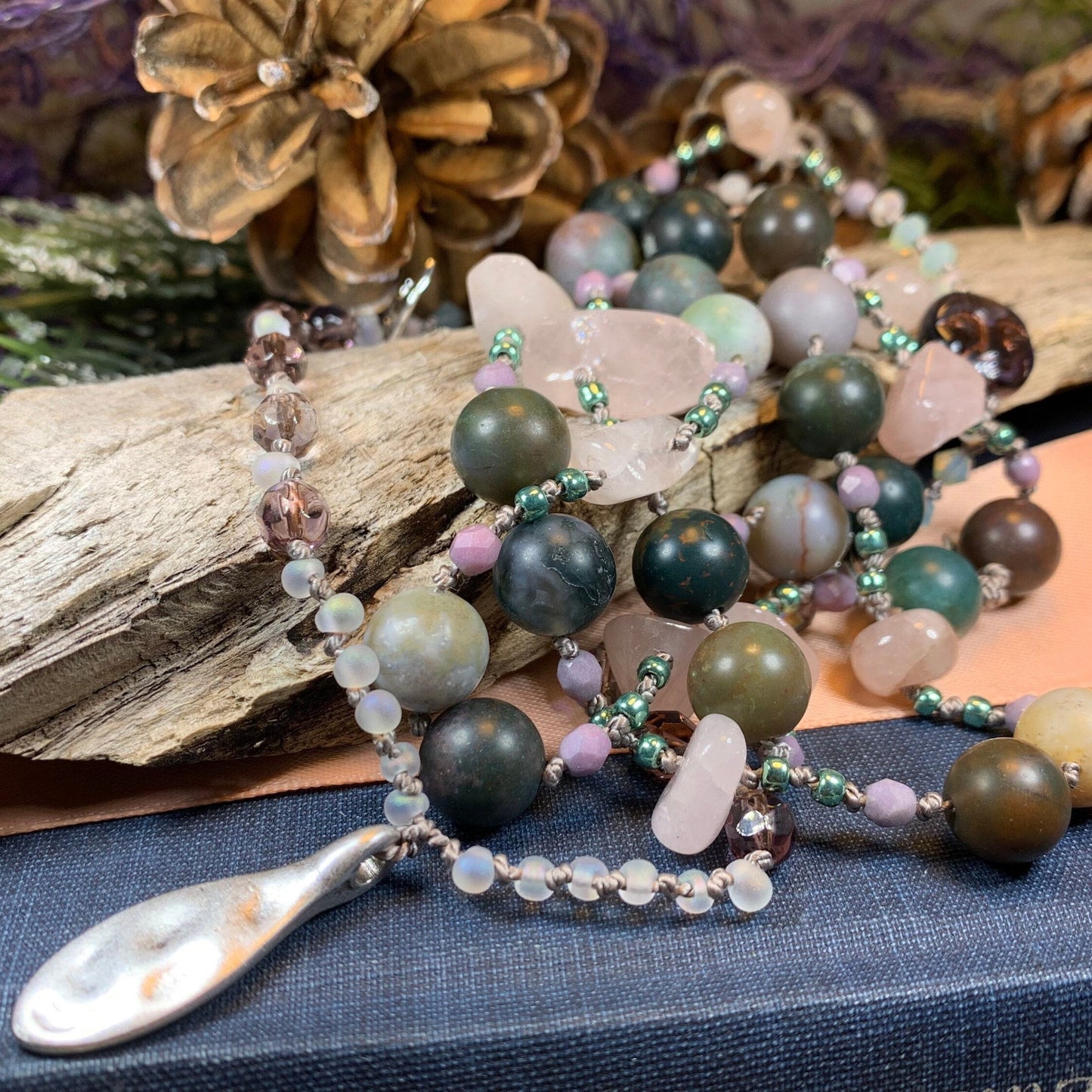 Rosemist Moonrise Long Necklace, Hand Knotted Necklace, Handmade Mala Necklace, Boho Necklace, Yoga Jewelry, Art Deco Necklace, Rose Quartz