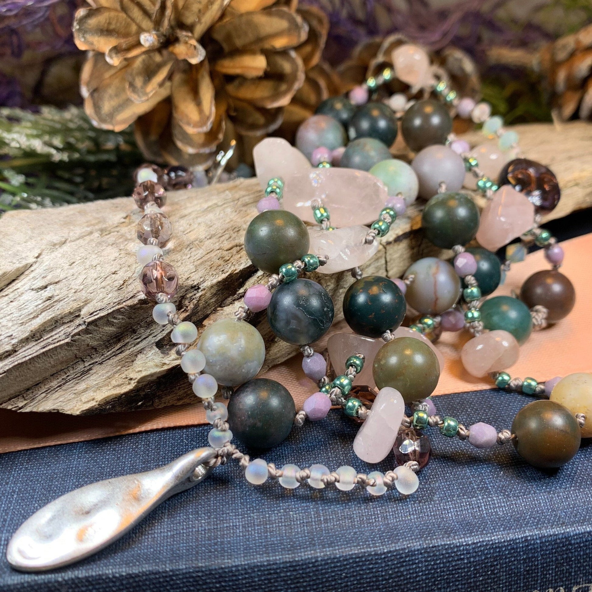 Rosemist Moonrise Long Necklace, Hand Knotted Necklace, Handmade Mala Necklace, Boho Necklace, Yoga Jewelry, Art Deco Necklace, Rose Quartz