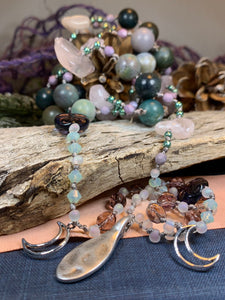 Rosemist Moonrise Long Necklace, Hand Knotted Necklace, Handmade Mala Necklace, Boho Necklace, Yoga Jewelry, Art Deco Necklace, Rose Quartz
