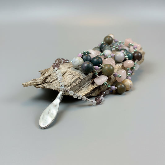 Rosemist Moonrise Long Necklace, Hand Knotted Necklace, Handmade Mala Necklace, Boho Necklace, Yoga Jewelry, Art Deco Necklace, Rose Quartz