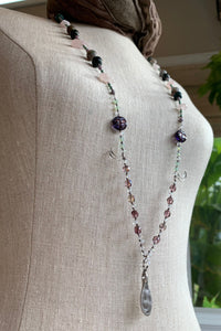 Rosemist Moonrise Long Necklace, Hand Knotted Necklace, Handmade Mala Necklace, Boho Necklace, Yoga Jewelry, Art Deco Necklace, Rose Quartz