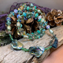 Load image into Gallery viewer, Elven Watersprite Necklace, Hand Made Necklace, Seashell Mala Necklace, Green Boho Necklace, Yoga Jewelry, Art Deco Necklace, Mom Gift
