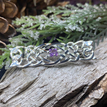 Load image into Gallery viewer, Amethyst Celtic Knot Brooch, Celtic Jewelry, Irish Pin, Mom Gift, Bridal Pin, Anniversary Gift, Scottish Jewelry, February Birthstone
