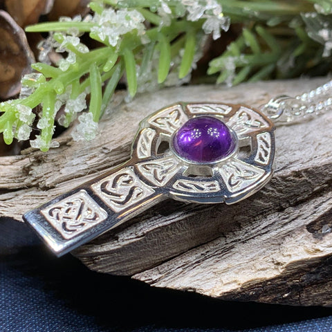 Load image into Gallery viewer, Celtic Cross Necklace, Irish Jewelry, Scottish Pendant, First Communion Gift, Religious Jewelry, Bridal Jewelry, Religious Jewelry, Amethyst
