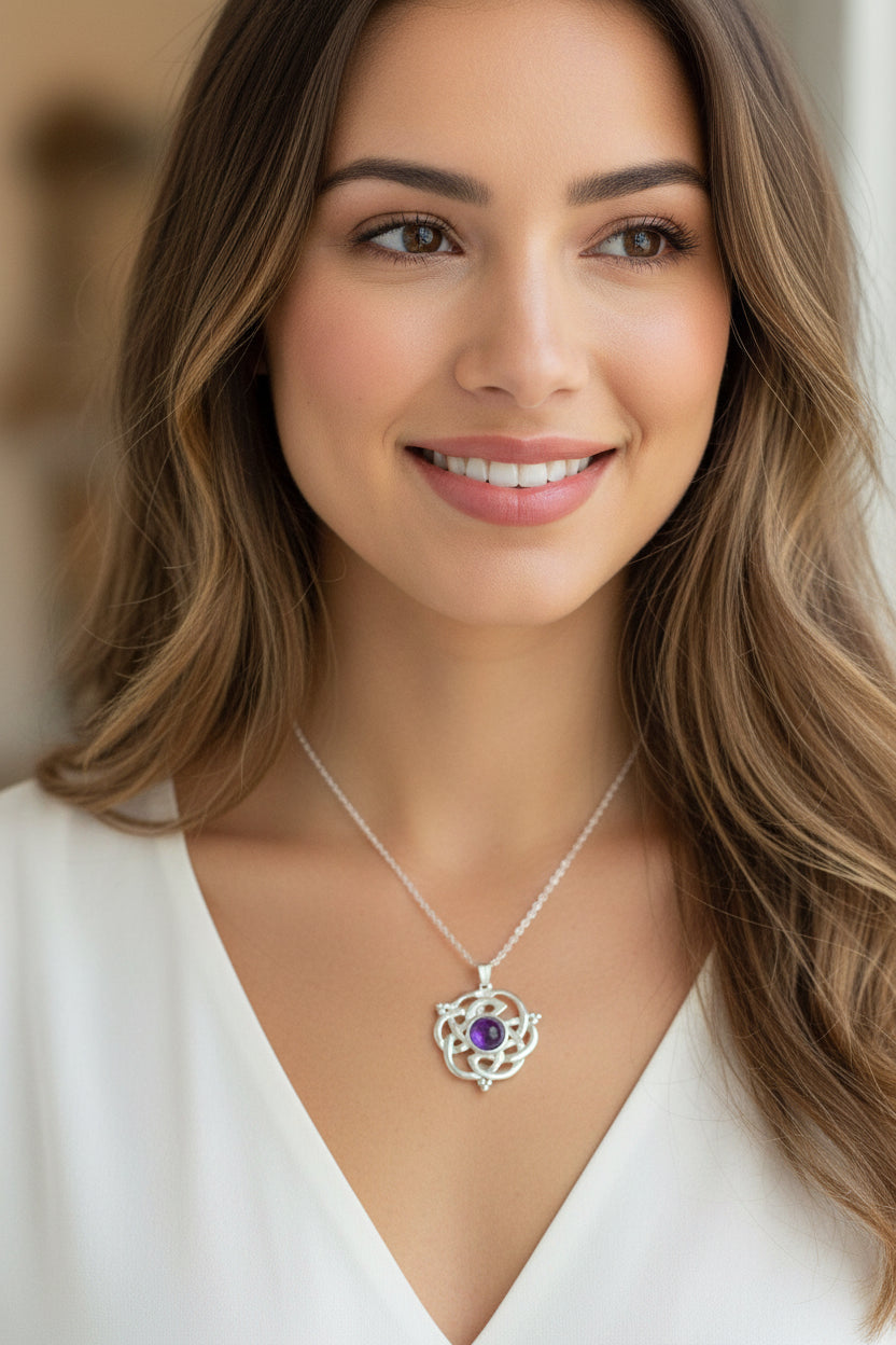 Celtic Knot Necklace, Irish Jewelry, Celtic Jewelry, Amethyst Pendant, Love Knot Jewelry, Wife Anniversary Gift, Scotland Jewelry, Mom Gift