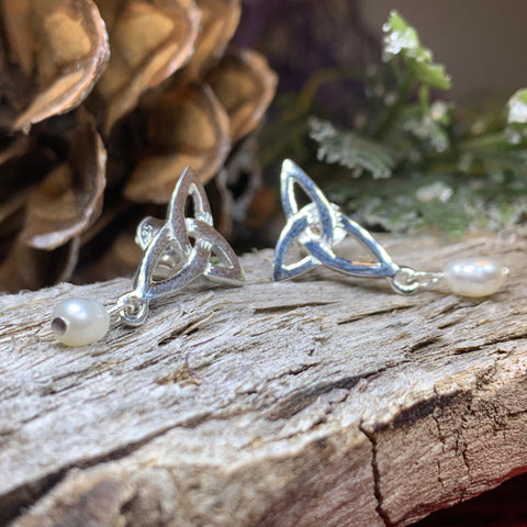 Load image into Gallery viewer, Celtic Knot Earrings, Celtic Jewelry, Irish Jewelry, Anniversary Gift, Scotland Jewelry, Wife Gift, Pearl Drop Earrings, Ireland Gift
