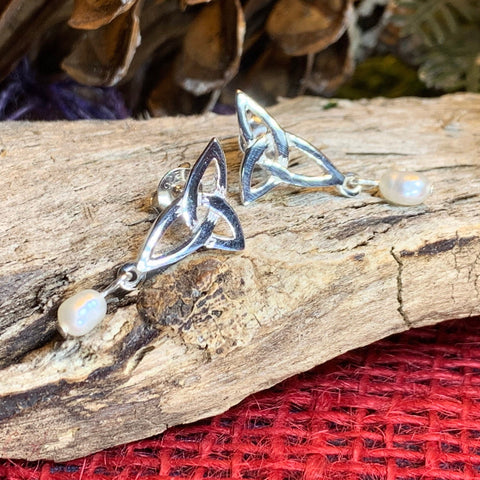 Load image into Gallery viewer, Celtic Knot Earrings, Celtic Jewelry, Irish Jewelry, Anniversary Gift, Scotland Jewelry, Wife Gift, Pearl Drop Earrings, Ireland Gift
