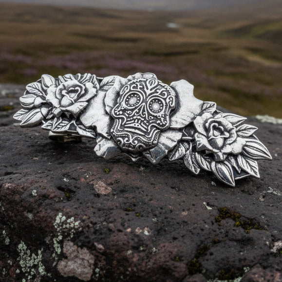 Sugar Skull Hair Clip, Skull Barrette, Flower Jewelry, Gothic Jewelry, Friend Gift, Wiccan Jewelry, Pewter Jewelry, Nature Barrette