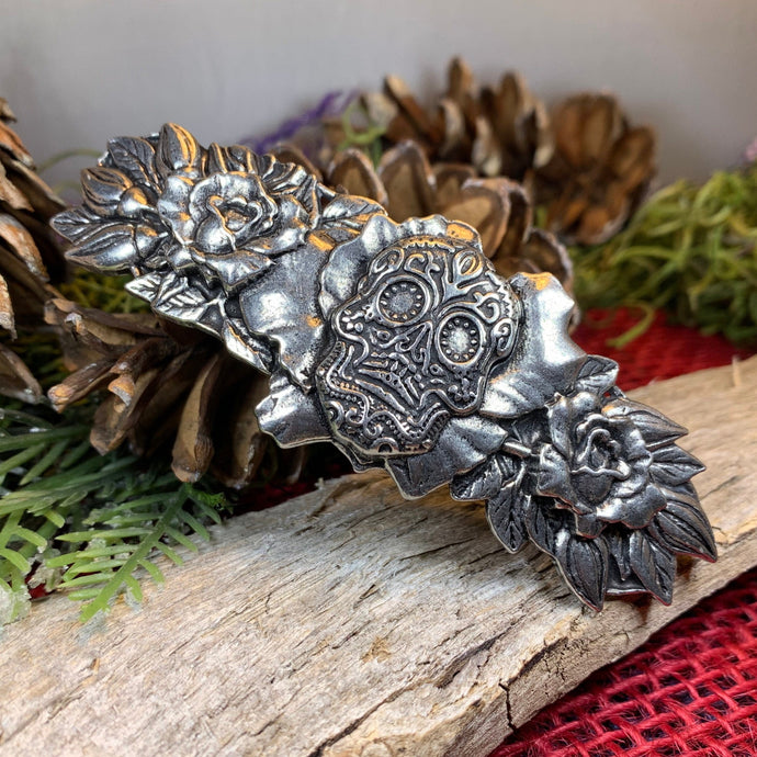 Sugar Skull Hair Clip, Skull Barrette, Flower Jewelry, Gothic Jewelry, Friend Gift, Wiccan Jewelry, Pewter Jewelry, Nature Barrette