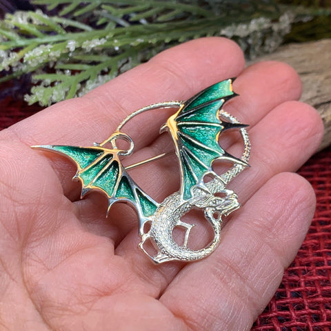 Load image into Gallery viewer, Dragon Brooch, Dragon Gift, Scotland Jewelry, Fantasy Jewelry, Scarf Pin, Enamel Celtic Pin, Celtic Jewelry, Girlfriend Gift, Wife Gift
