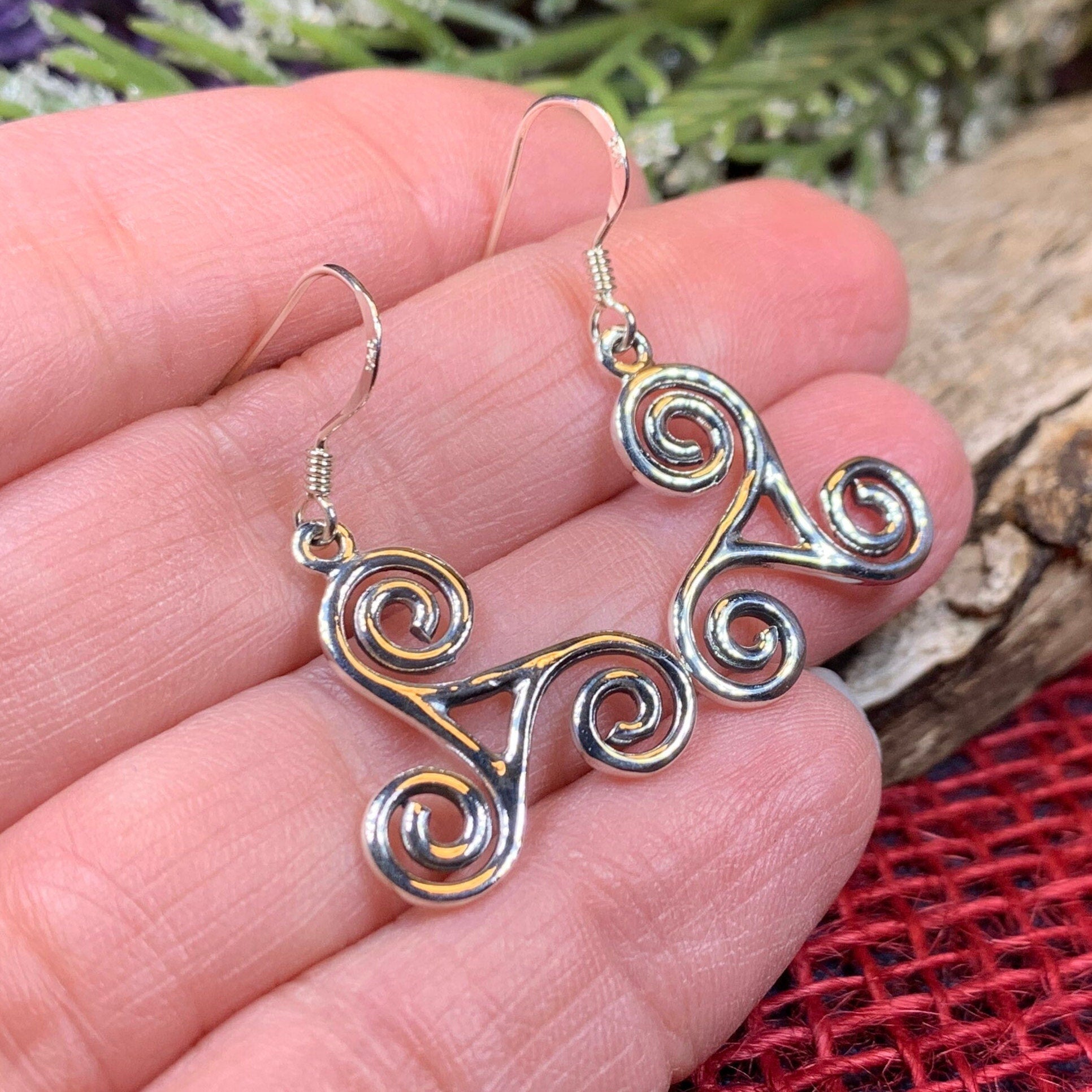 Celtic Spiral Earrings, Irish Jewelry, Scottish Jewelry, Triskelion, Triskele, Celtic Jewelry, Silver Triple Spiral Jewelry, Wife Gift