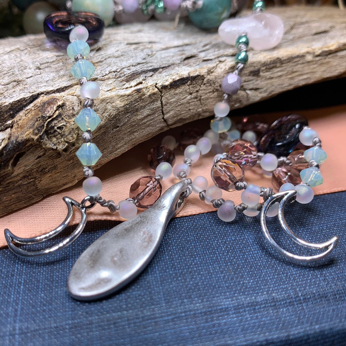Rosemist Moonrise Long Necklace, Hand Knotted Necklace, Handmade Mala Necklace, Boho Necklace, Yoga Jewelry, Art Deco Necklace, Rose Quartz