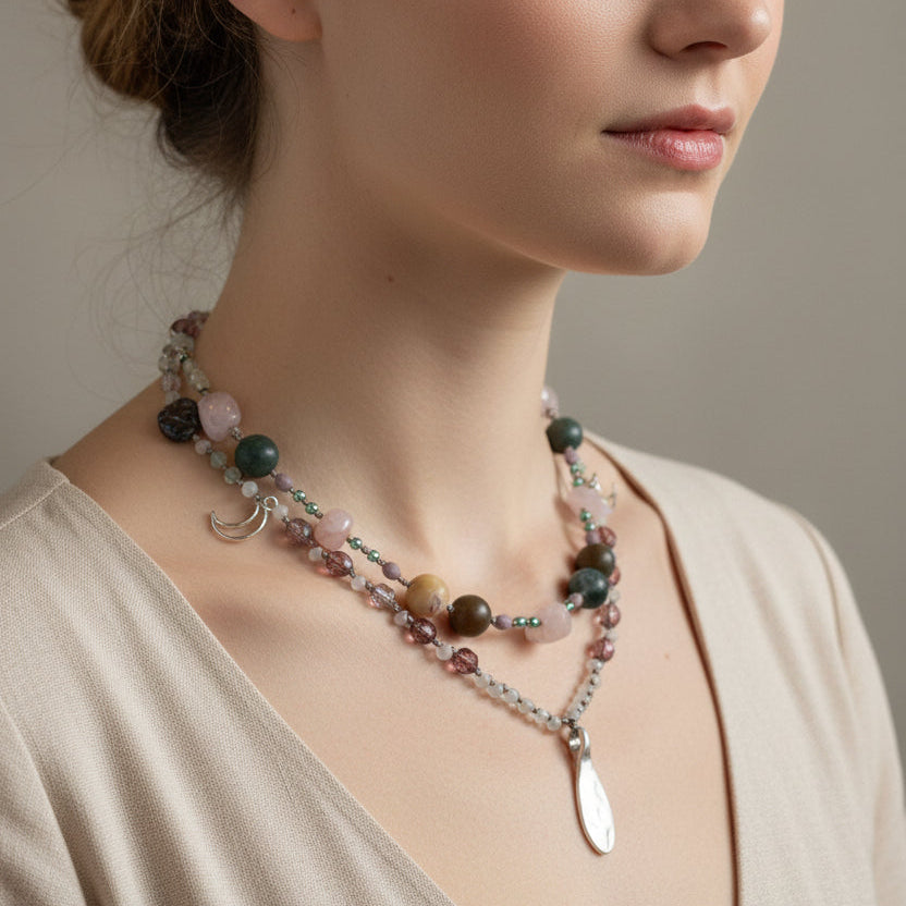 Rosemist Moonrise Long Necklace, Hand Knotted Necklace, Handmade Mala Necklace, Boho Necklace, Yoga Jewelry, Art Deco Necklace, Rose Quartz
