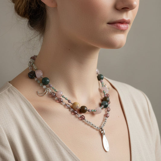 Rosemist Moonrise Long Necklace, Hand Knotted Necklace, Handmade Mala Necklace, Boho Necklace, Yoga Jewelry, Art Deco Necklace, Rose Quartz