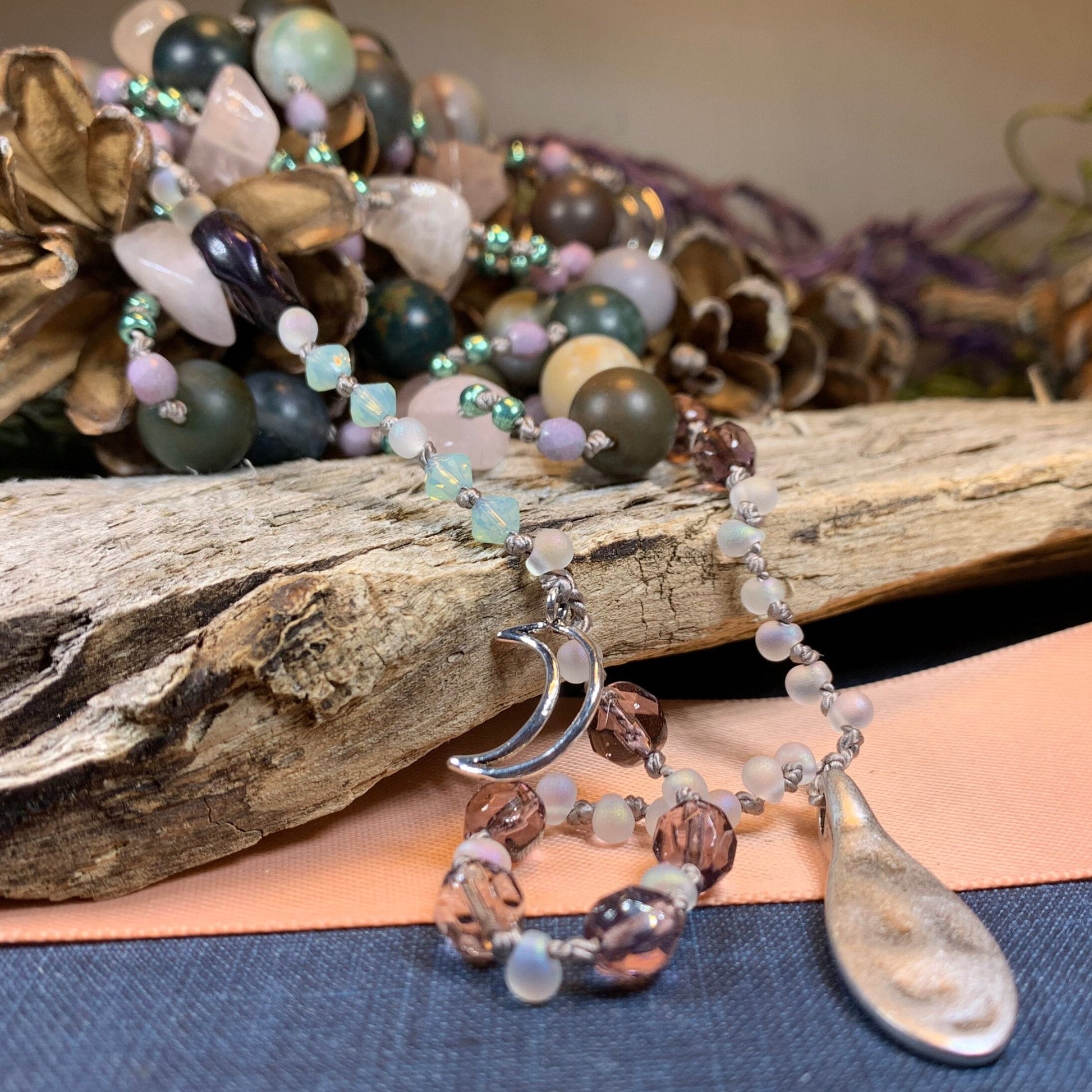 Rosemist Moonrise Long Necklace, Hand Knotted Necklace, Handmade Mala Necklace, Boho Necklace, Yoga Jewelry, Art Deco Necklace, Rose Quartz