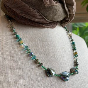 Elven Watersprite Necklace, Hand Made Necklace, Seashell Mala Necklace, Green Boho Necklace, Yoga Jewelry, Art Deco Necklace, Mom Gift