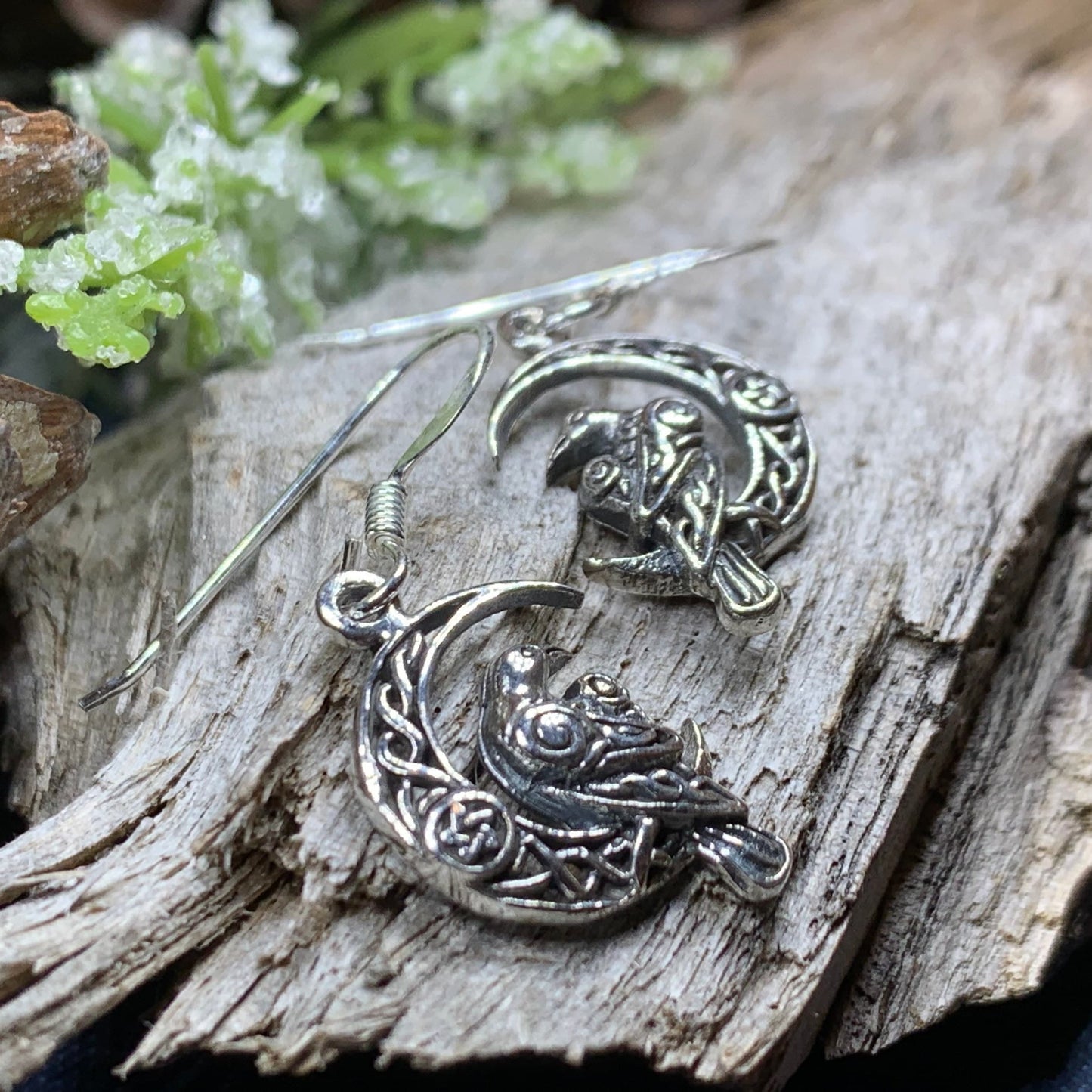 Raven Earrings, Celtic Jewelry, Wiccan Moon Gift, Crow Jewelry, Black Bird Jewelry, Bird Jewelry, Pagan Jewelry, Nature Lover, Poe Jewelry