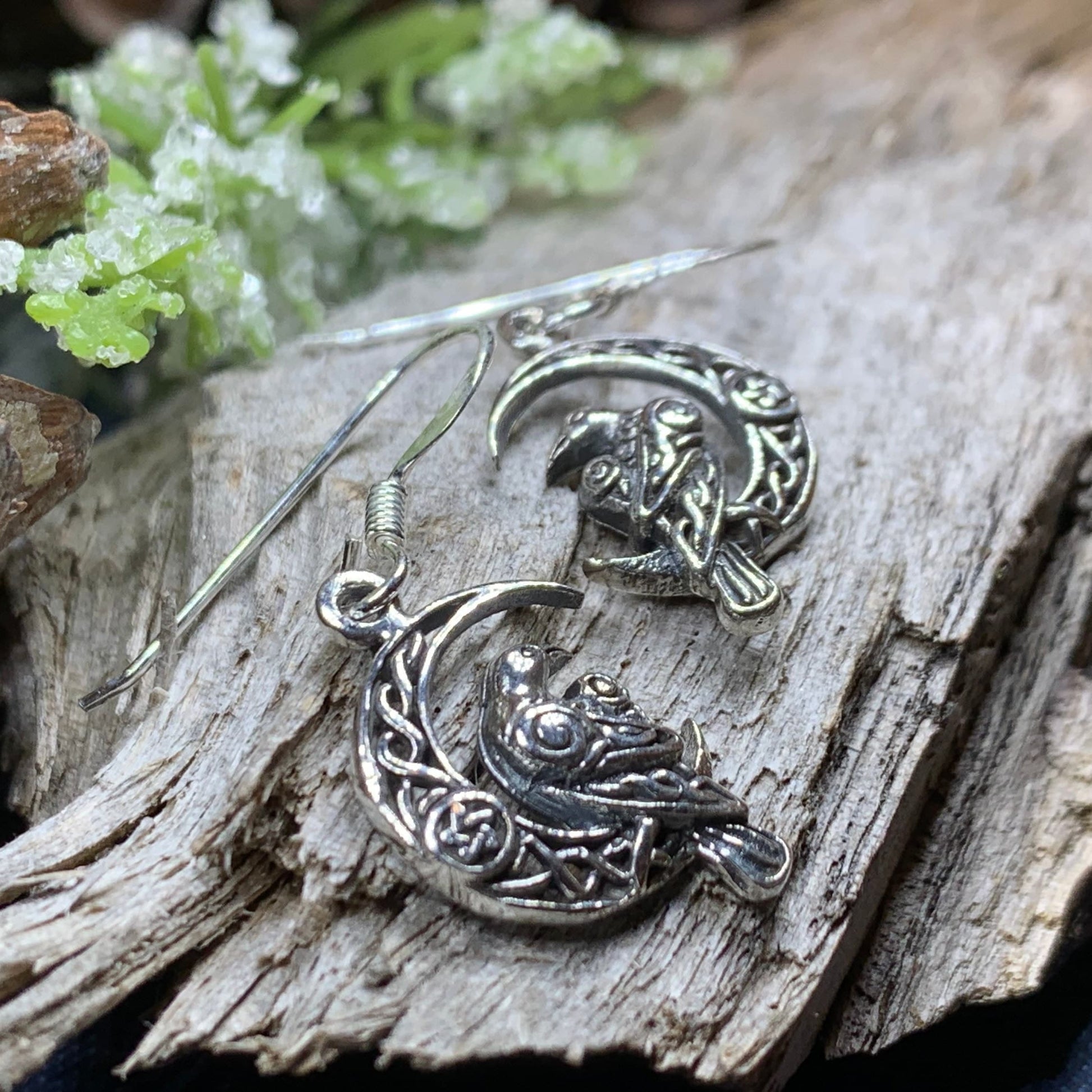 Raven Earrings, Celtic Jewelry, Wiccan Moon Gift, Crow Jewelry, Black Bird Jewelry, Bird Jewelry, Pagan Jewelry, Nature Lover, Poe Jewelry