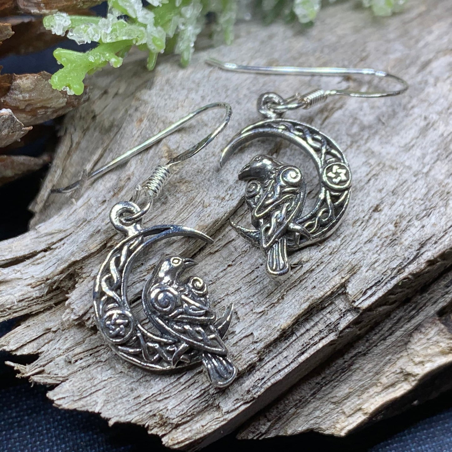 Raven Earrings, Celtic Jewelry, Wiccan Moon Gift, Crow Jewelry, Black Bird Jewelry, Bird Jewelry, Pagan Jewelry, Nature Lover, Poe Jewelry