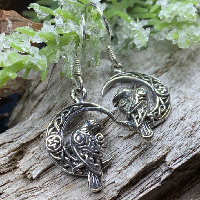 Raven Earrings, Celtic Jewelry, Wiccan Moon Gift, Crow Jewelry, Black Bird Jewelry, Bird Jewelry, Pagan Jewelry, Nature Lover, Poe Jewelry